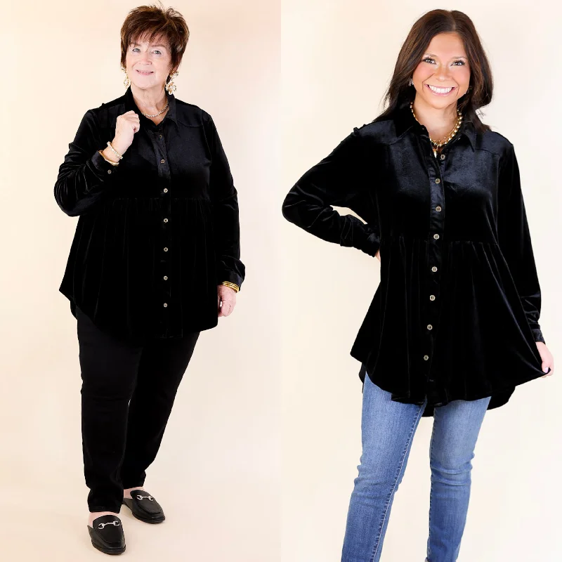 Call Me Yours Button Up Velvet Long Sleeve Babydoll Tunic Top in Black