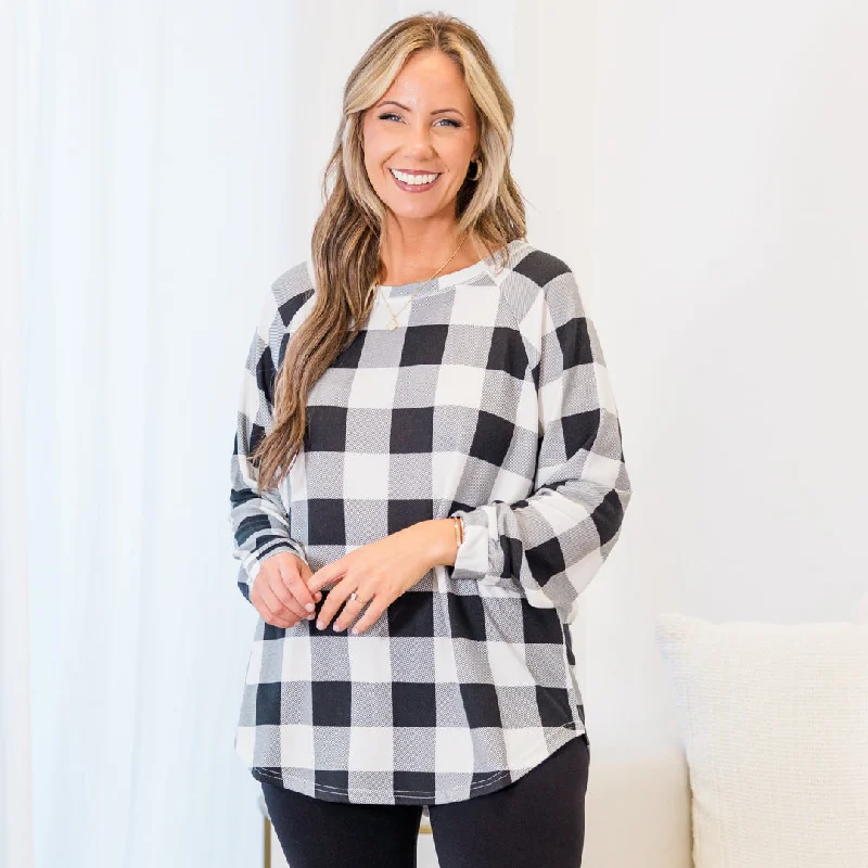 Curved Hem Slouchy Dolman Tunic, White Plaid