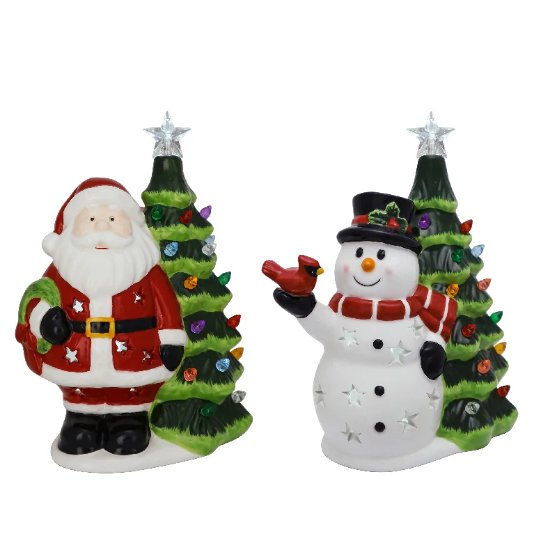 8" LED Light Up Ceramic Jolly Santa Snowman with Cardinal Christmas Tree