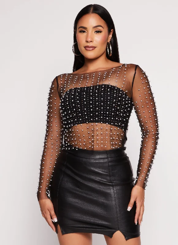 Haute Monde Mesh Rhinestone Faux Pearl Top