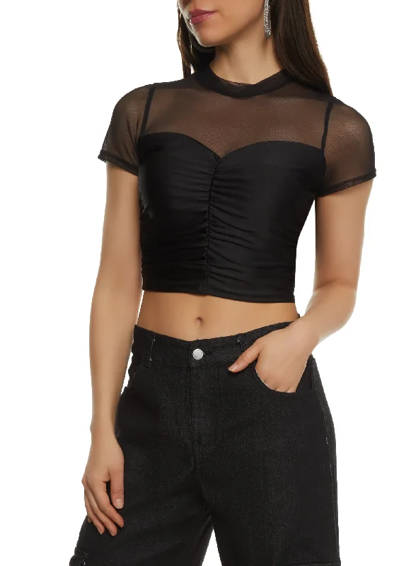 Mesh Insert Ruched Top