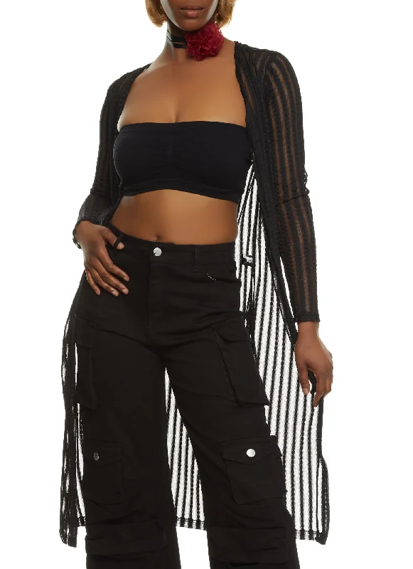 Textured Knit Shadow Stripe Mesh Duster